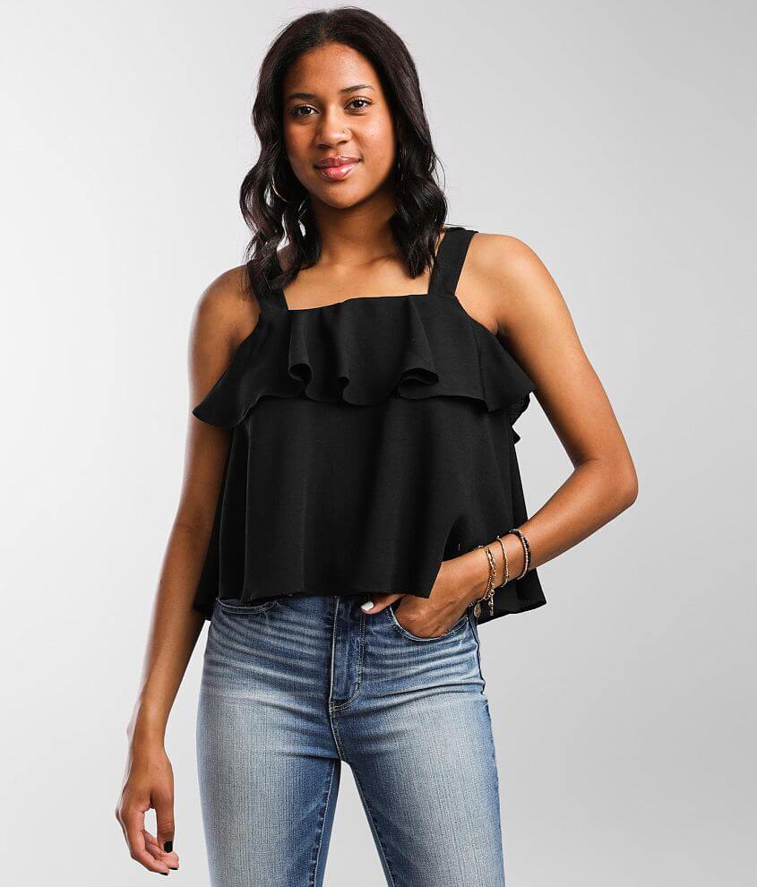 Black sleeveless ruffle sales top