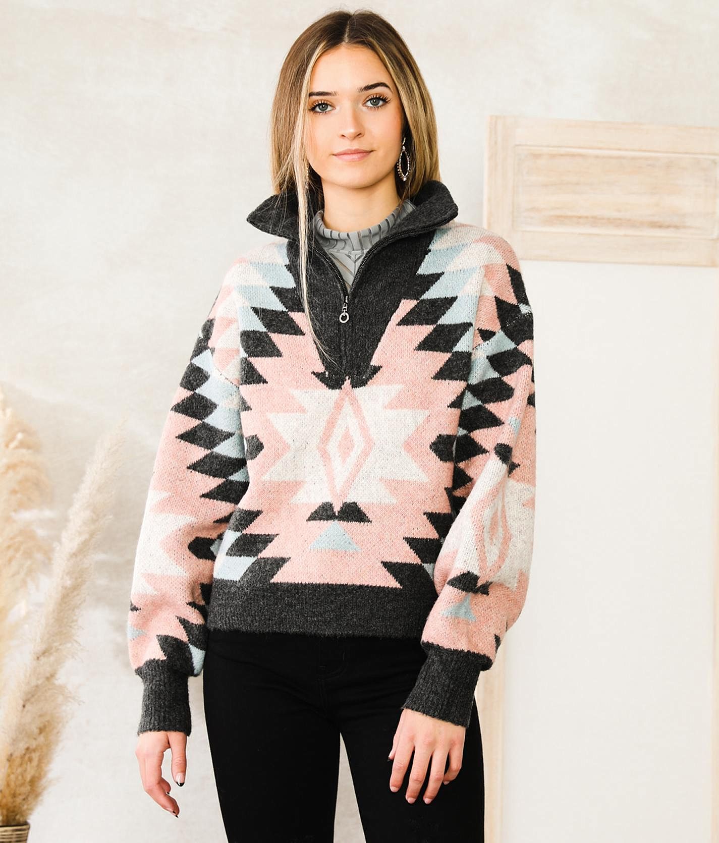 Hyfve Aztec Print Sweater - Women's Sweaters in Navy Pink White