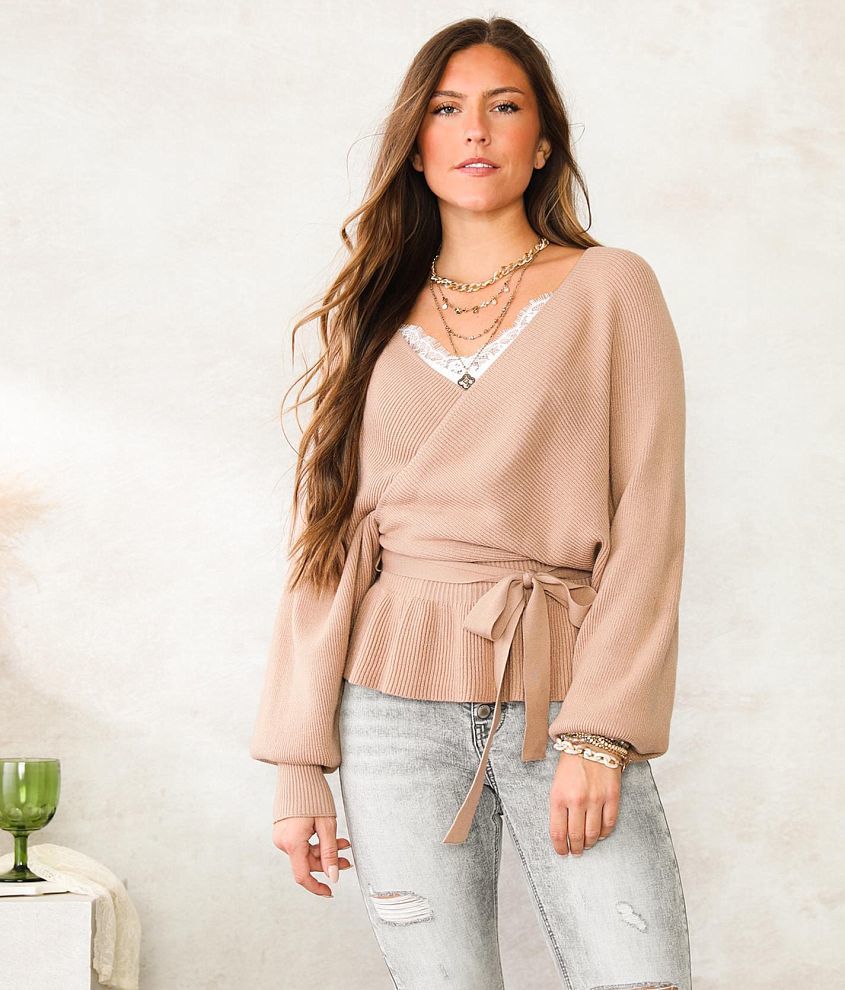 Hyfve Surplice Ribbed Knit Peplum Sweater - Women's Sweaters in Taupe