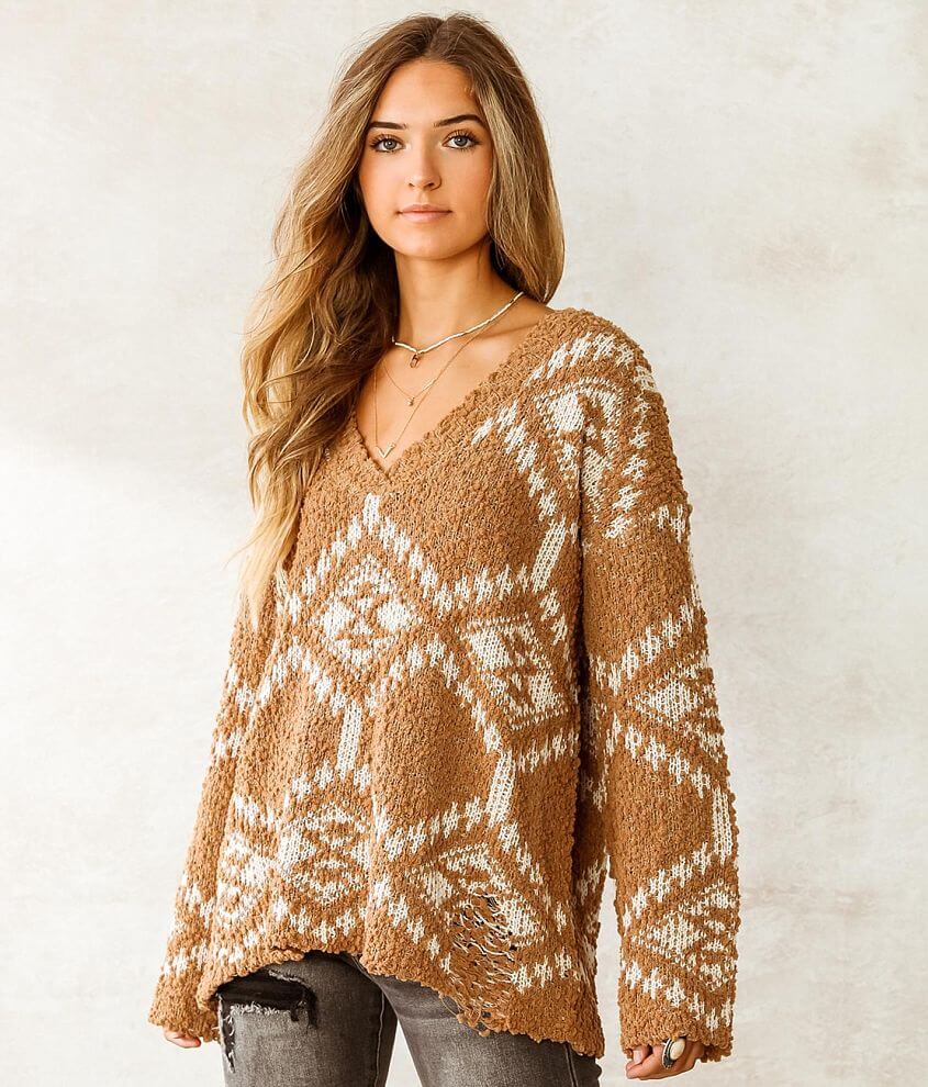 Hyfve Destructed Popcorn Knit Sweater Women's Sweaters in Camel Buckle