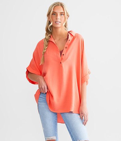 Harpa Womens Shirt Blouse Top Small Orange Ruffles Elastic On