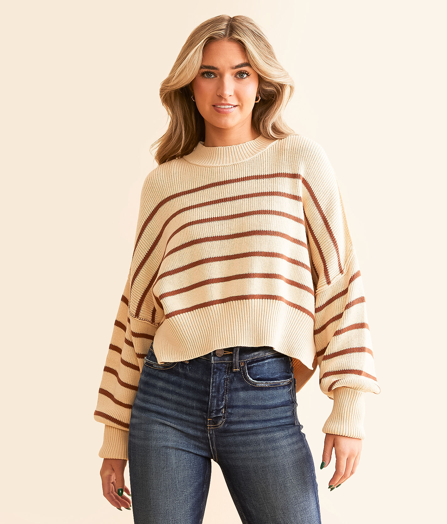 【HYKE】CROPPED TOP SWEATER Olive Green Striped Cropped Sweater Top HYKE STRIPED SWEATER
