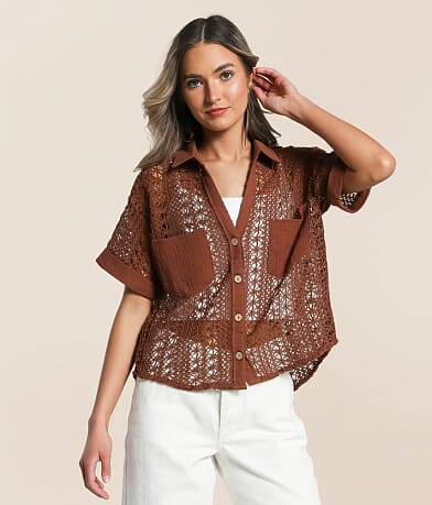 Hyfve Boxy Crochet Cropped Blouse front view