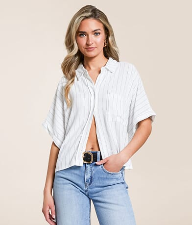 Hyfve Striped Boxy Cropped Blouse front view