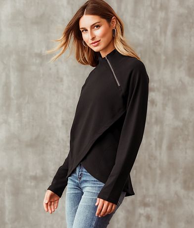 Buckle Black Asymmetrical Quarter Zip Pullover front view