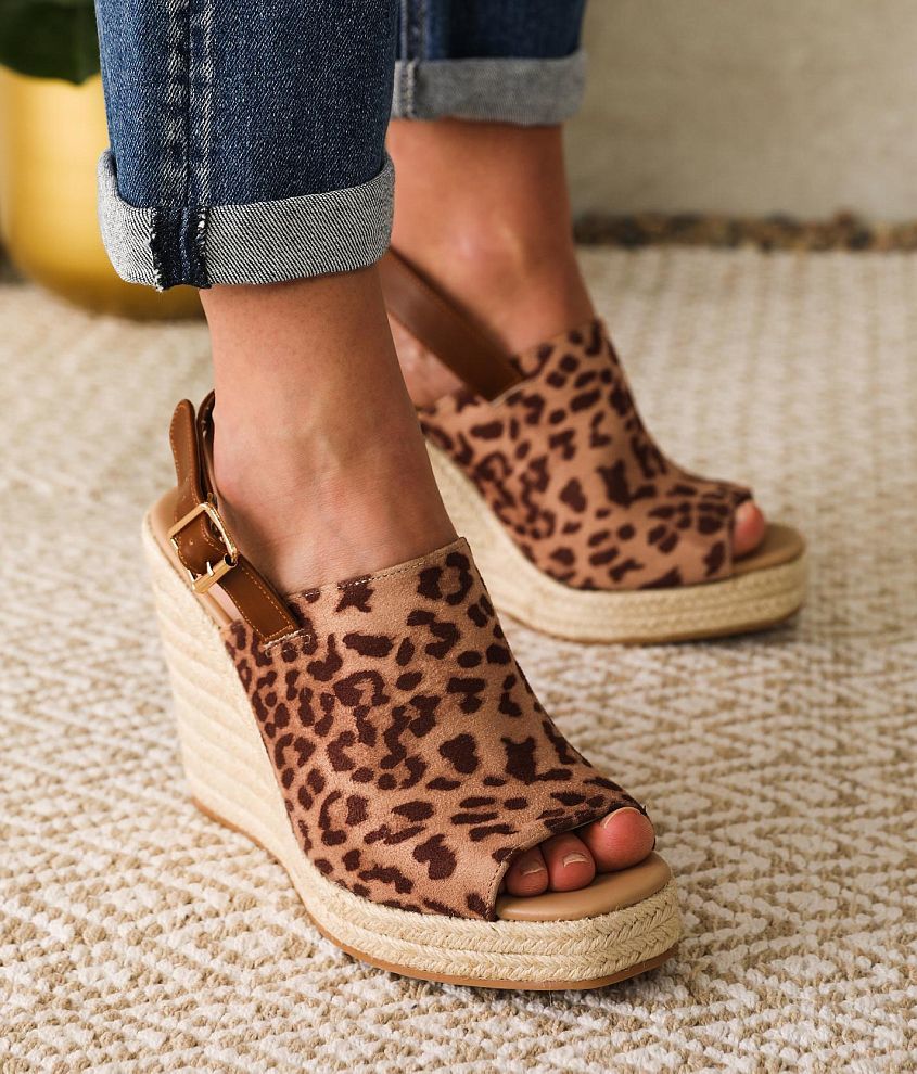 Qupid Cascade Espadrille Heeled Wedge Sandal - Women's Shoes in Tan Leopard