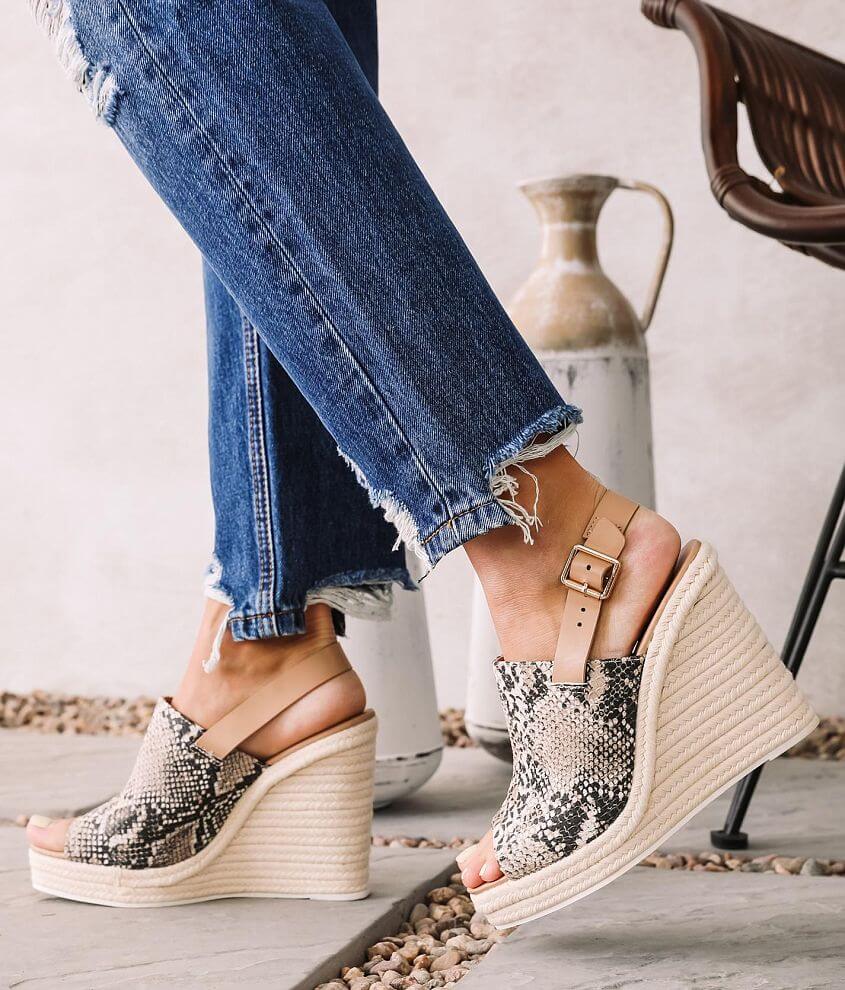 Qupid Cascade Espadrille Heeled Wedge Sandal Women s Shoes in Beige Brown Snake Buckle