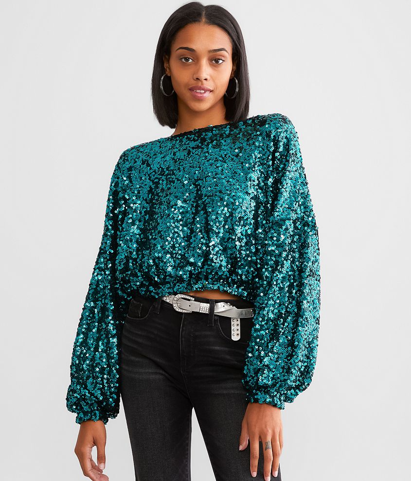 En Creme Sequin Dolman Top - Women's Shirts/Blouses in Aqua | Buckle