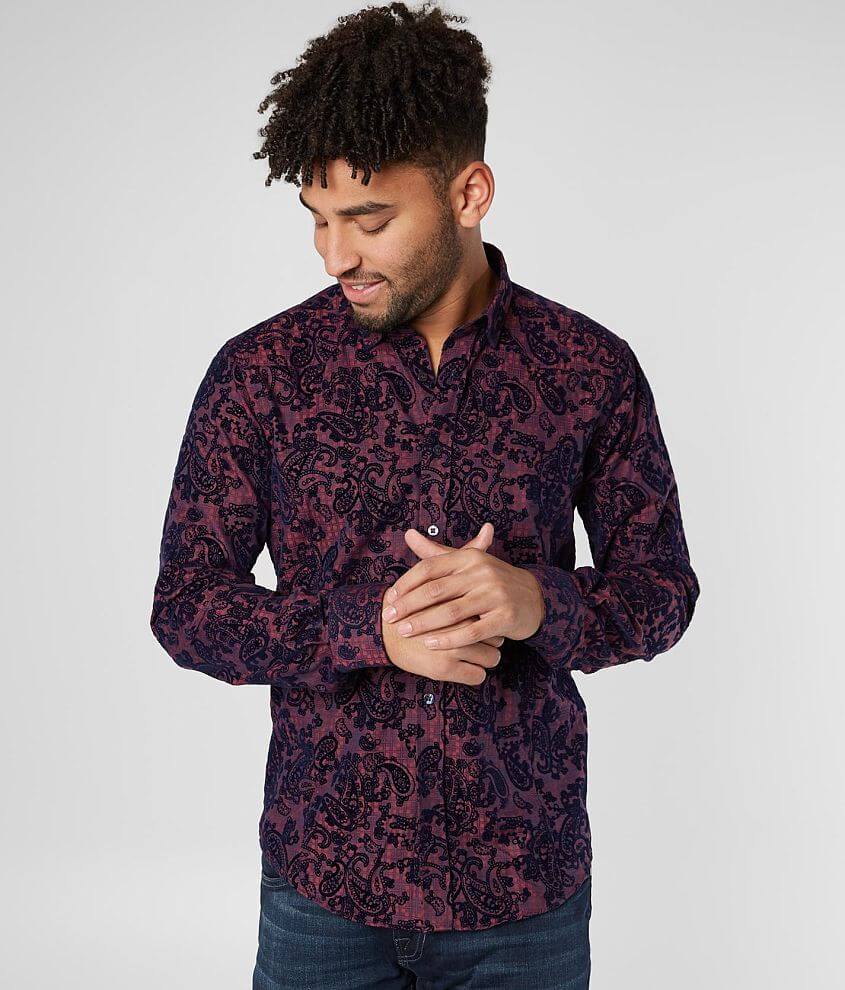 Eight X Flocked Paisley Shirt - Men's Shirts in Burgundy | Buckle