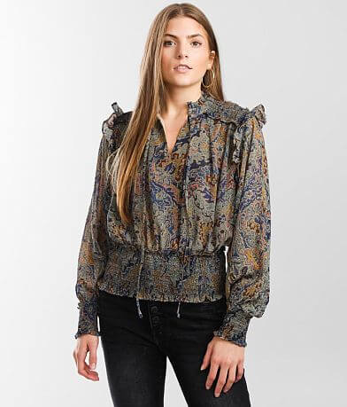 Elan Chiffon Front Tie Ruffled Blouse front view