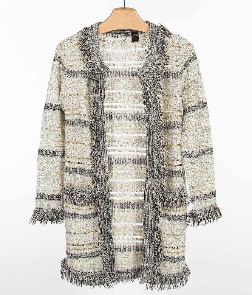 BKE Boutique Fringe Cardigan Sweater front view