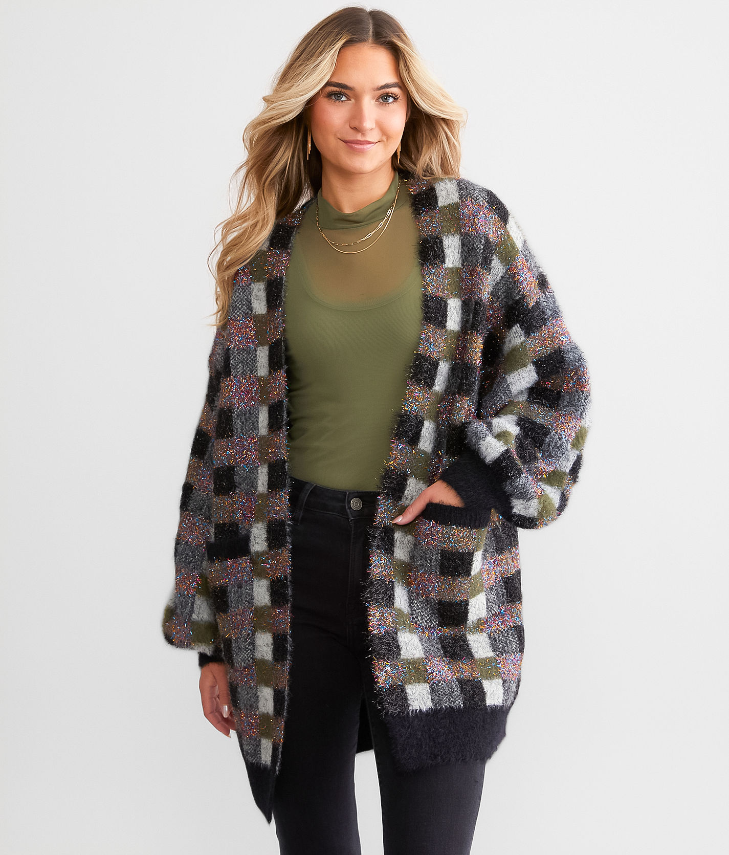 Rain + Rose Tinsel Checkered Cardigan Sweater - Grey Small, Women's Rain + Rose Tinsel Checkered Cardigan Sweater - Grey Small, Women's