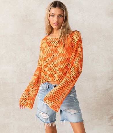 33 Coastal Two Tone Pointelle Cropped Sweater front view