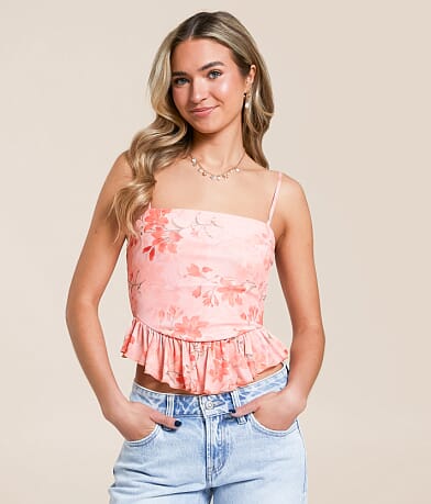 Willow & Root Floral Mesh Ruffle Tank Top front view