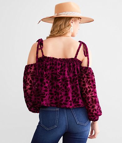 Willow &amp; Root Floral Velvet Cold Shoulder Top BACK