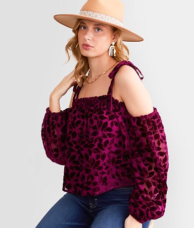 Willow &amp; Root Floral Velvet Cold Shoulder Top FULL_LEFT_SIDE