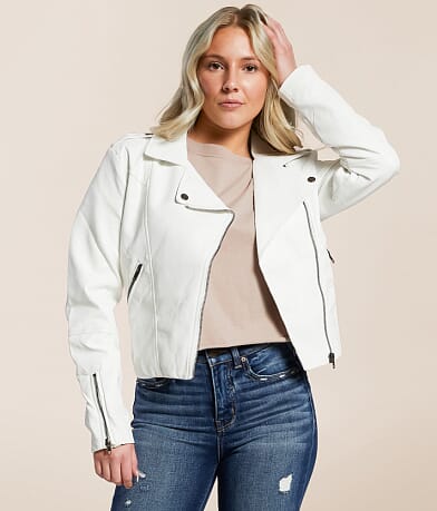 En Creme Asymmetrical Moto Jacket front view