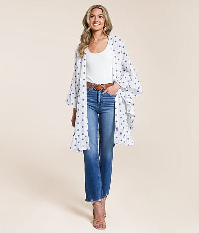 En Creme Metallic Striped Kimono front view