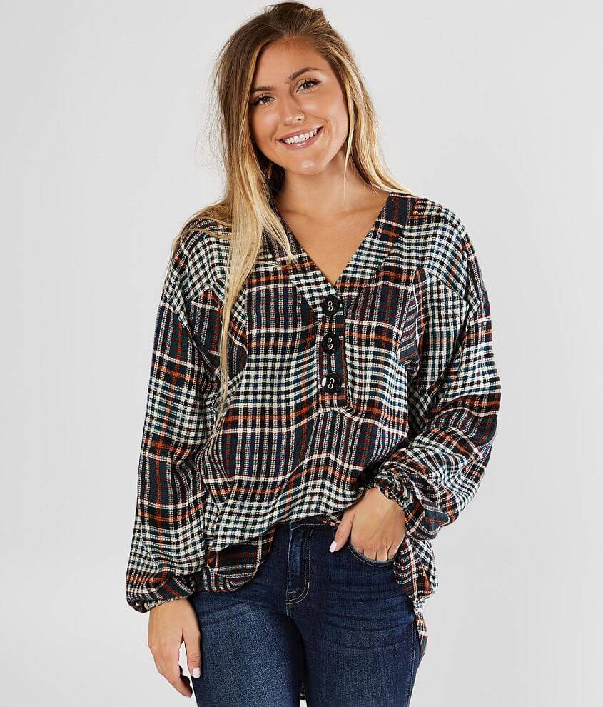 En Creme Pullover Henley Top Women's Shirts/Blouses in Multi Buckle