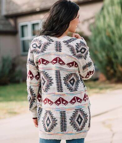 En Creme Southwestern Metallic Cardigan Sweater back view