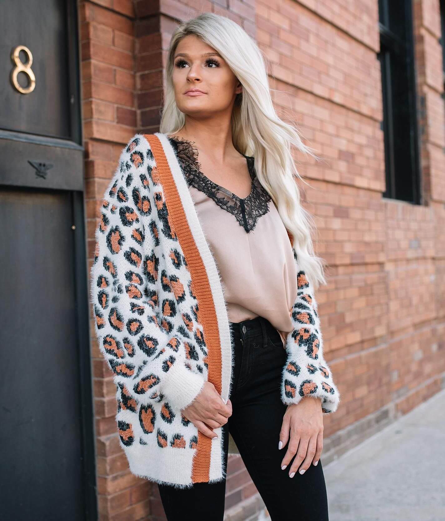 En Creme Leopard Print Cardigan Sweater Women s Sweaters in Black Taupe Buckle