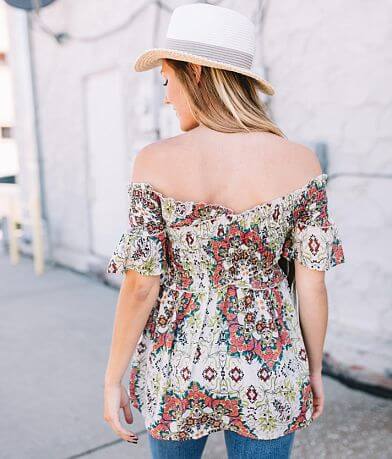 En Creme Smocked Off The Shoulder Top back view
