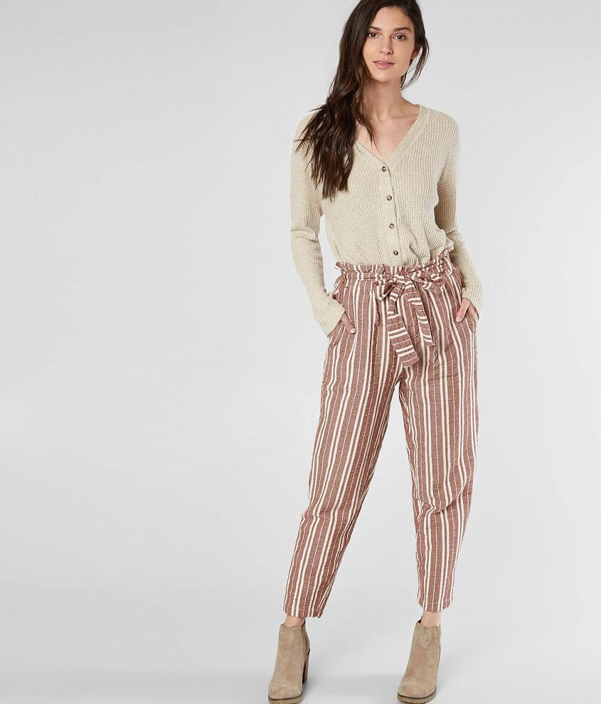 En Creme Striped Taper Paperbag Pant front view