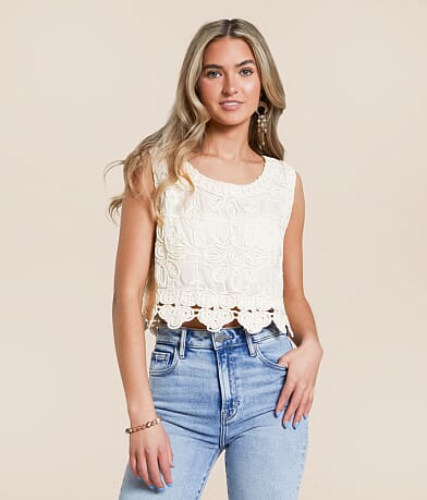 En Creme Crochet Cropped Tank Top - One Size FULL_RIGHT_SIDE