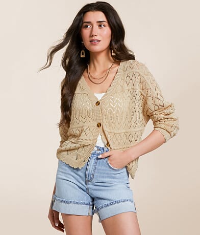 En Creme Pointelle Cardigan Sweater front view