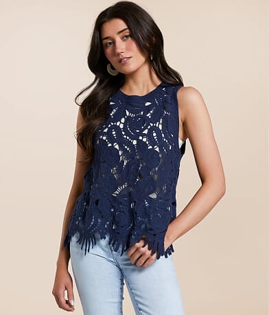 En Creme Crochet Fringe Tank Top front view