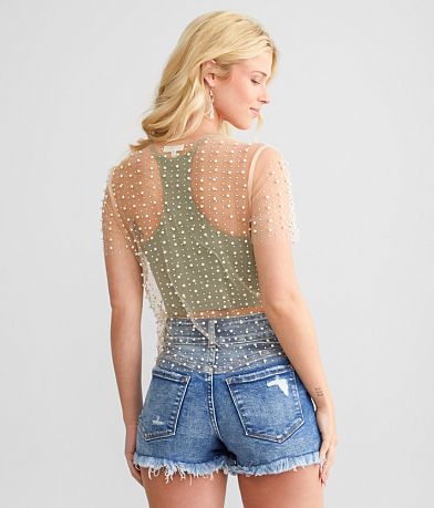 Endless Blu Embellished Mesh Top back view