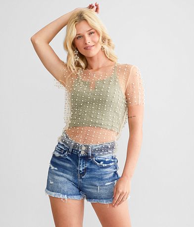 Endless Blu Embellished Mesh Top full right side view