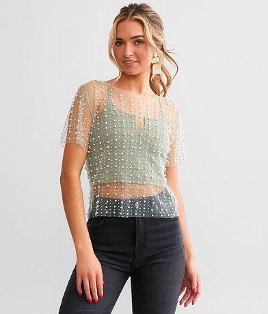 Endless Blu Embellished Mesh Top FULL_LEFT_SIDE