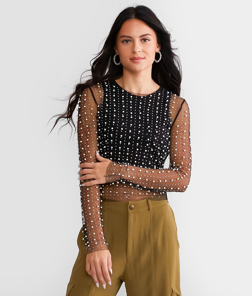 Endless Blu Embellished Mesh Top - Cream Small, Women's