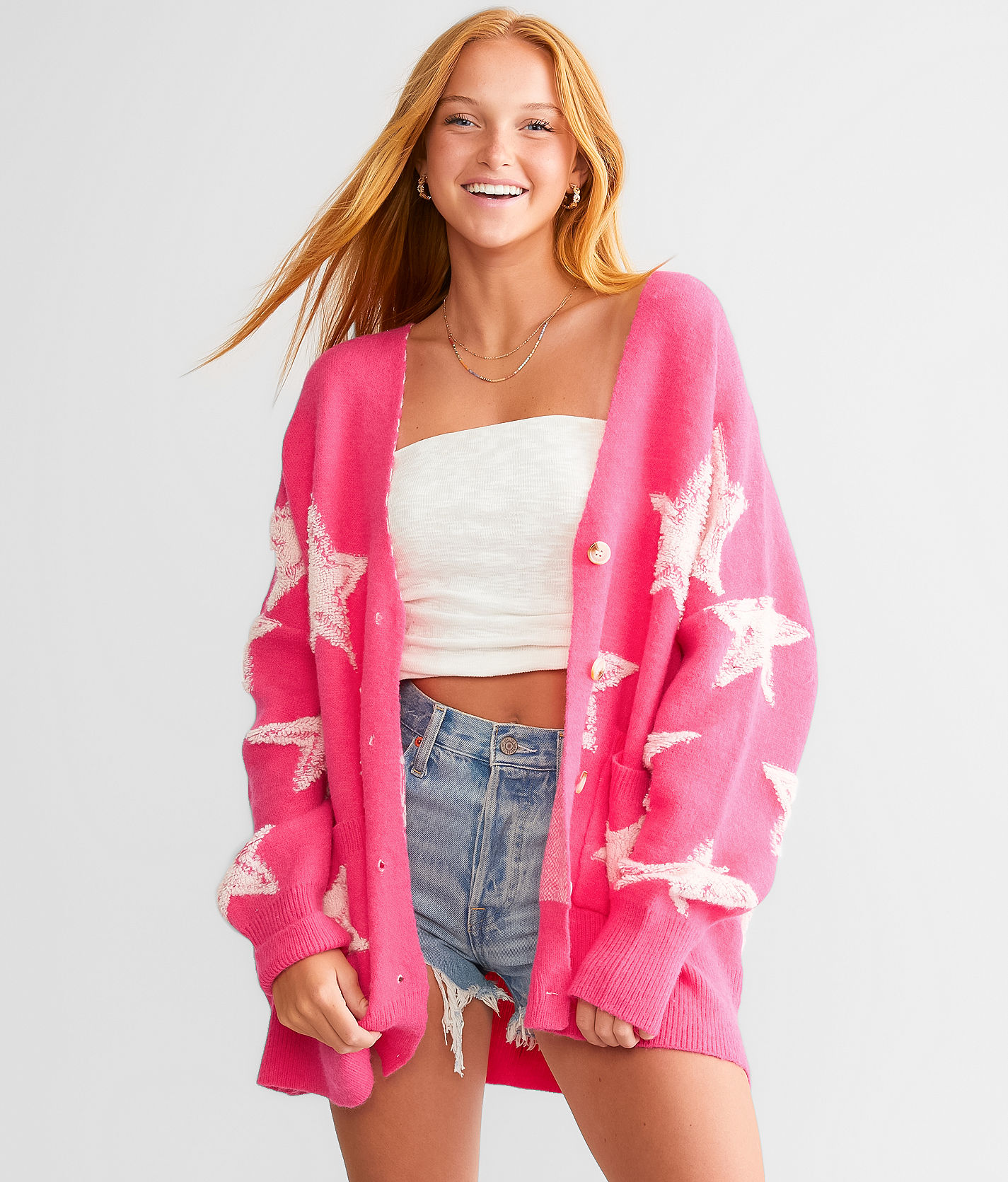 Endless Blue Star Cardigan Sweater Women s Sweaters in Hot Pink