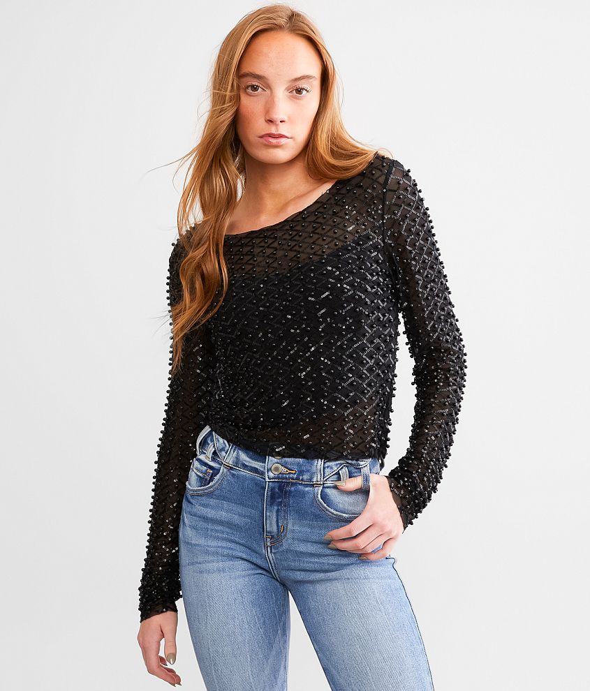 Endless Blu Embellished Mesh Top