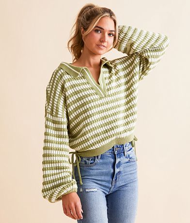 Willow & Root Collared Split Neck Cropped Sweater front view