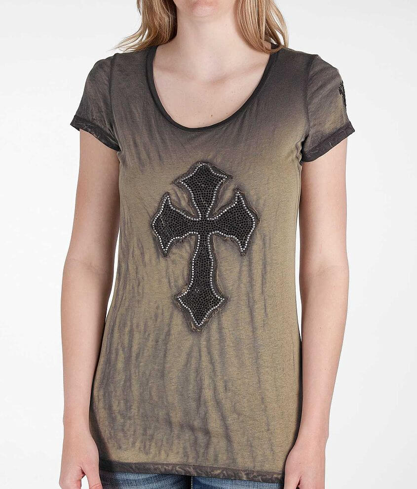 Velvet Stone Rhinestone Cross T-Shirt front view