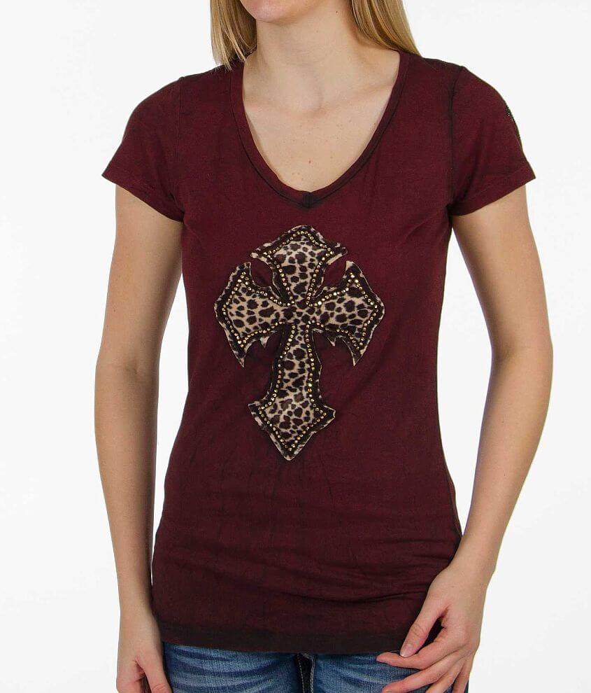 Velvet Stone Cheetah Cross Applique T-Shirt front view