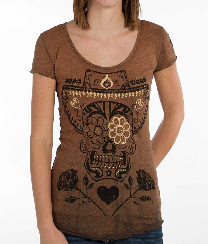 Velvet Stone Sugar Skull Cowboy T-Shirt front view