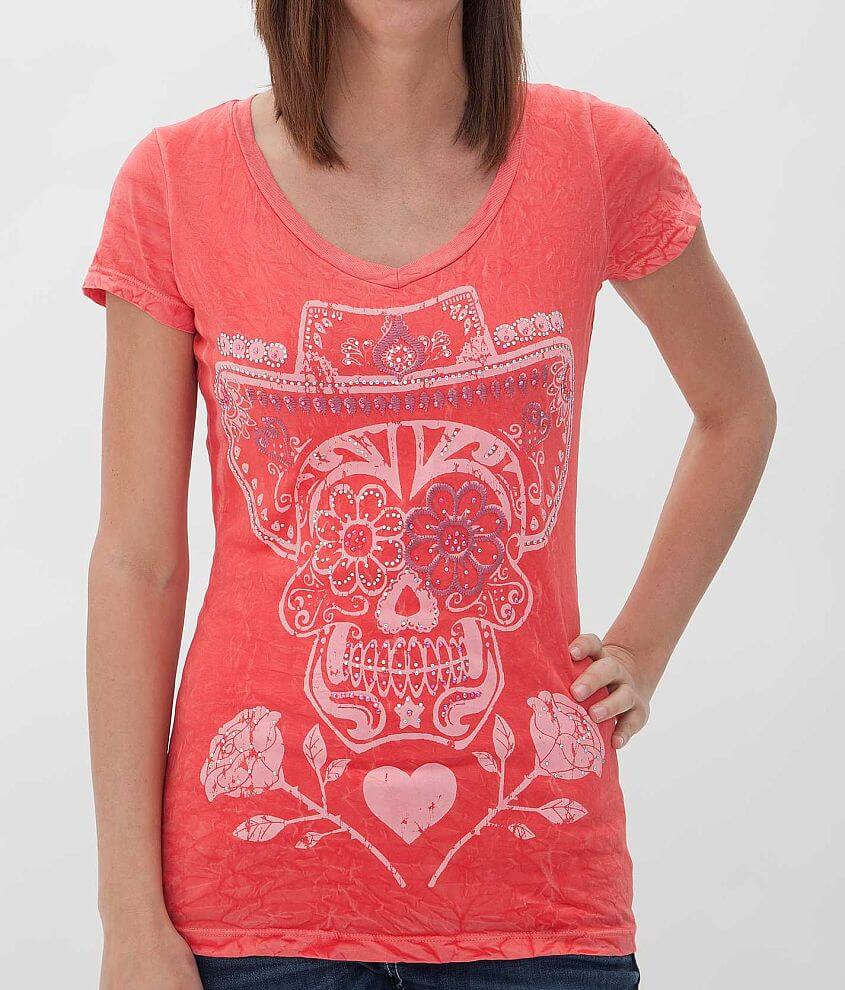 Ladies Sugar Skull Rhinestone Crew Neck T-Shirt