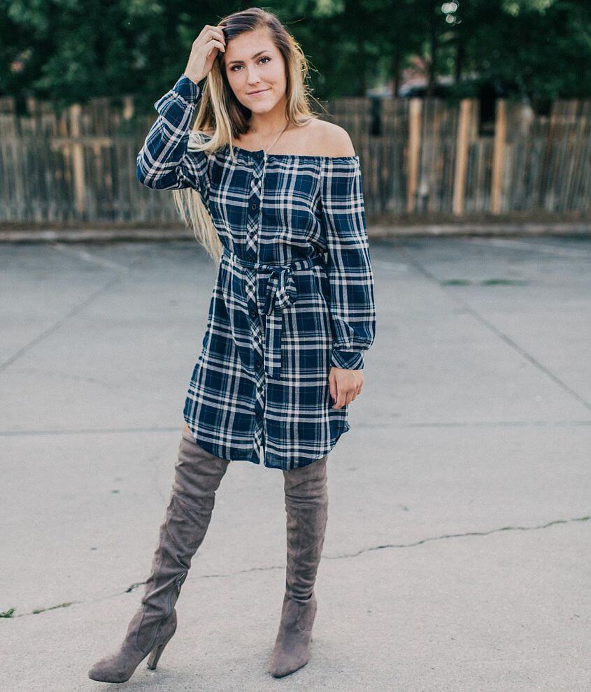 Plaid off store the shoulder dress