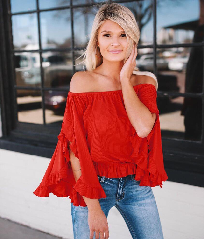 Red ruffle off store the shoulder top