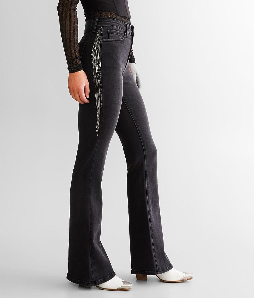 Scattered Rhinestone Mini Flare Jeans - Black