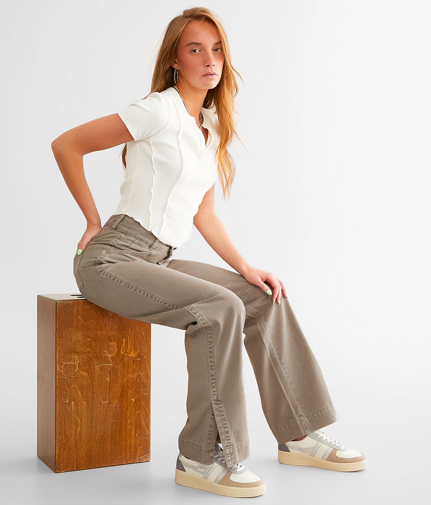 Khaki Split Leg Flare Trousers