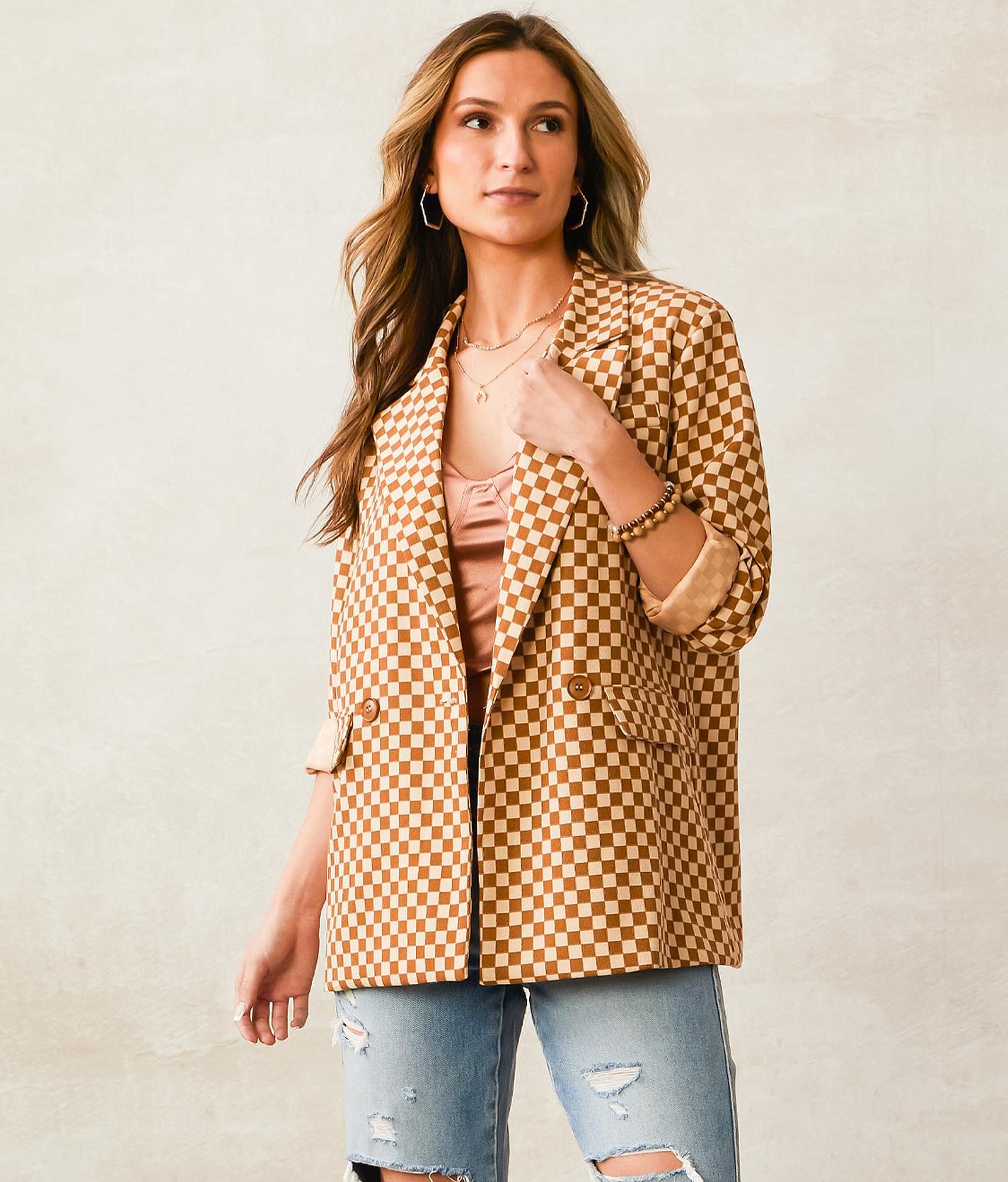 Willow & Root Checkered Mesh Top - Women's Shirts/Blouses in Brown Cream