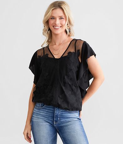 red by BKE Floral Mesh Top front view