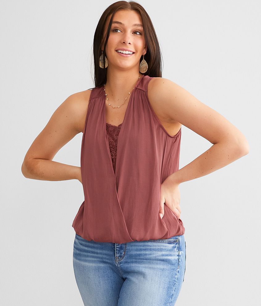 Buckle Black Surplice Tank Top front view