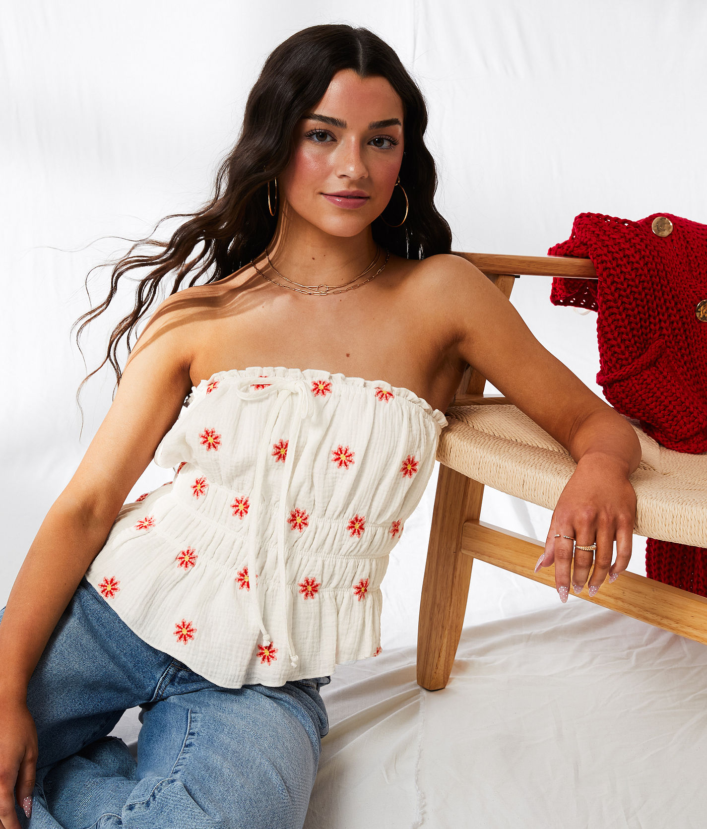 33 Coastal Embroidered Floral Peplum Tube Top - Women's