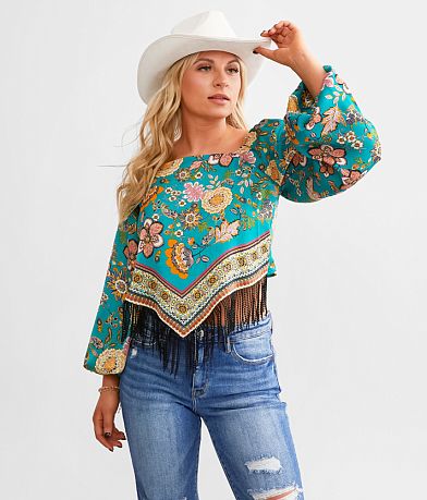 Daytrip Satin Handkerchief Hem Fringe Cropped Top front view